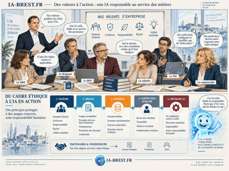 Illustration IA-Brest montrant comment un cadre éthique guide une intelligence artificielle responsable dans l’entreprise