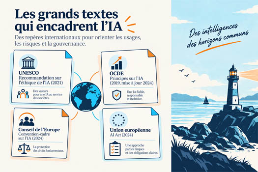 Illustration synthétique des grands textes internationaux encadrant l’intelligence artificielle : gouvernance, éthique, droits fondamentaux et cadre réglementaire.