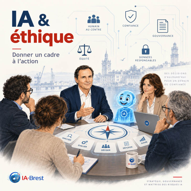 Illustration IA-Brest sur l’éthique de l’intelligence artificielle : gouvernance, équité, confiance, données responsables et supervision humaine autour d’un comité de décision.