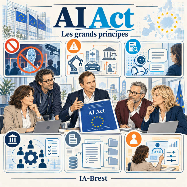 Illustration IA-Brest présentant les grands principes de l’AI Act : pratiques interdites, systèmes à haut risque, transparence, gouvernance et supervision humaine.