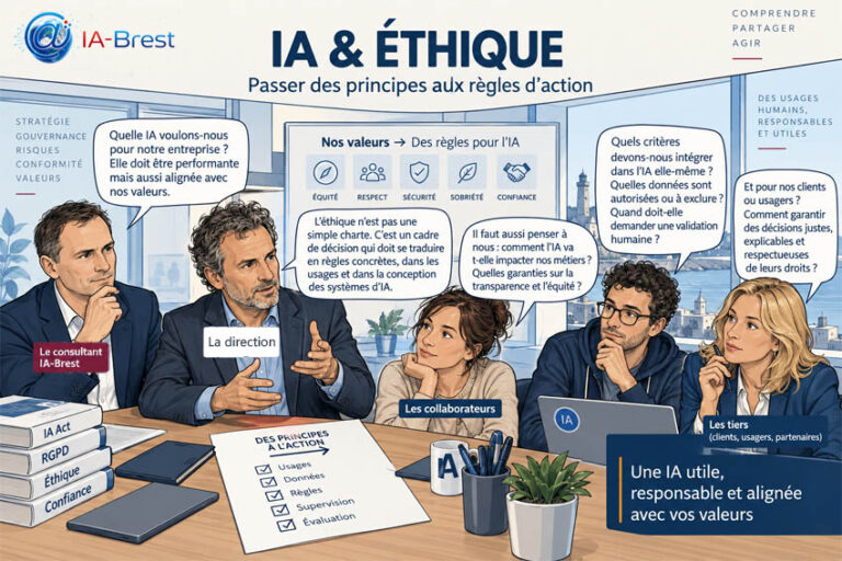 Illustration IA-Brest montrant la direction, le consultant, les collaborateurs et les tiers transformant les valeurs de l’entreprise en règles concrètes pour l’intelligence artificielle.